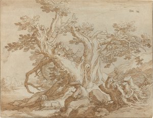 Landskap med sittande figur och hund av Abraham Bloemaert