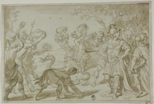 Romerska soldater stenar en orm av Abraham Bloemaert