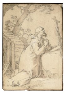 Saint Paul of Phermae knäböjer i bön framför ett krucifix (svart krita, penna och brunt bläck, brun tvätt) av Abraham Bloemaert