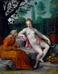 Vertumnus och Pomona (årstidernas gud förkläder sig till en gammal kvinna för att komma in i nymfens fruktträdgård) - Målning av Abraham Bloemaert (1566-1651), olja på koppar, cirka 1605 - (Vertumnus och Pomona, av Abraham Bloemaert , olja på koppar, c1605 av Abraham Bloemaert