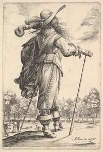 En herre, sedd bakifrån, gående åt höger med käpp och iklädd en plymer ..., 1629. av Abraham Bosse