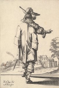 En herre, sedd bakifrån, med höger arm utsträckt och en mantel över vänster s..., 1629. av Abraham Bosse