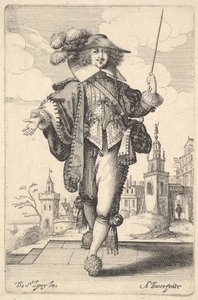 En herre som går framåt, med höger arm utsträckt och en piska i vänster hand..., 1629. av Abraham Bosse