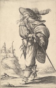 En gentleman som går åt vänster och drar sitt svärd från skidan, iklädd en plu..., 1629. av Abraham Bosse