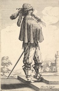 En herre klädd i kort kappa, hjälm och stövlar med sporrar, stående på trappan och..., 1629. av Abraham Bosse