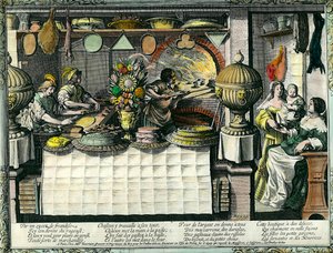 Ett konditori på 1600-talet: bakaffären där bagare och konditorier gör och lagar kakor och bröd, och kunder i butiken. Tårtform hänger på väggen. Gravyr av Abraham Bosse (1602-1676)