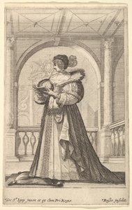 En kvinna som står, vänd mot vänster i profil, iklädd hatt och spetskrage, läser..., ca. 1629. av Abraham Bosse