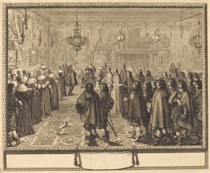 Ceremoni för äktenskapskontraktet mellan Vladislas IV, kung av Polen, och LouiseMarie av Gonzaga, prinsessan av Mantua, i Fontainbleau av Abraham Bosse