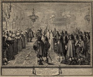 Ceremoni för äktenskapskontraktet mellan Wladyslaw IV, kung av Polen och Marie Louise Gonzaga. av Abraham Bosse