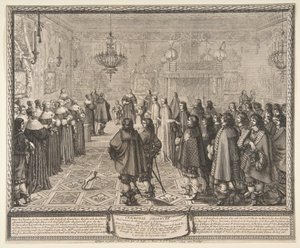 Ceremonin för äktenskapskontraktet mellan Władysław IV, Polens kung, och Marie Louise Gonzaga, prinsessa av Mantua, i Fontainebleau av Abraham Bosse