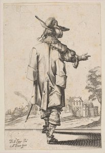 Gentleman sedd bakifrån och pekar mot ett slott, 1629. av Abraham Bosse