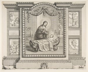 Födelsekyrkan med scener av bebådelsen, tillbedjan av herdarna, Cruci..., 1620-76. av Abraham Bosse
