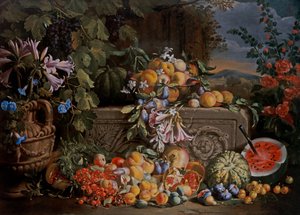 Stilleben med körsbär, vattenmelon, persikor, aprikoser, plommon, granatäpplen och figurer