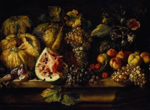 Stilleben av vattenmelon, vindruvor, plommon, persikor, körsbär och annan frukt på en avsats