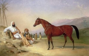 Två beduiner med en vikarabisk hingst i öknen av Abraham Cooper