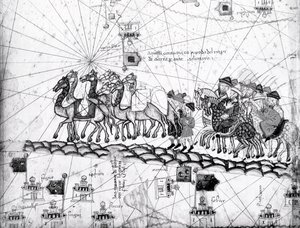 Ms Esp 20 panel 4, Köpmän som reser till Cathay, Kina, följer i Marco Polos fotspår, detalj som visar Marco Polos familj som reser med kamelkaravan, från Catalan Atlas publicerad för Charl av Abraham Cresques