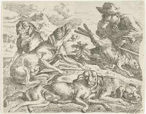 Fyra hundar, en jägare och en hare av Abraham Danielsz. Hondius