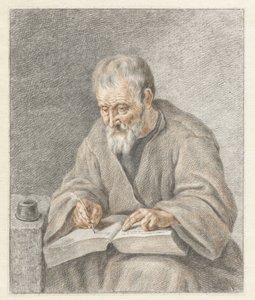 Gammal man som skriver i bok av Abraham Delfos
