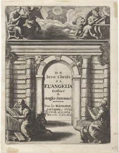 Fyra evangelister runt en ingångsport Titelsida för: Junius, Franciscus och Marshall, Thomas. Quatuor D.N. Jesus Christi S.S. Evangelia Gothice & Anglo-Saxonice, 1665 av Abraham Dircksz. Santvoort