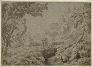 Landskap med satyr, getter och andra figurer av Abraham Genoels II