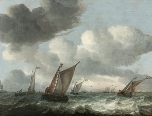 Fiskebåtar utanför kusten i ett hackigt hav (olja på panel) av Abraham Hendricksz van Beyeren