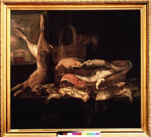 "Stilleben med fiskar och en död hare" Målning av Abraham Hendricksz van Beyeren (1620/21-1690) (ec. holl.) 1600-tals Pushkin-museet, Moskva av Abraham Hendricksz van Beyeren