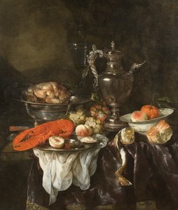 Stilleben med hummer, frukt, silver och porslin, ca 1660 (olja på duk)