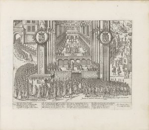 Vy över exteriören på Westminster Abbey under kröningen av James I av Abraham Hogenberg