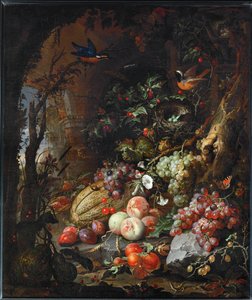 Blommor, frukt, fåglar och insekter i ett landskap av ruiner ... av Abraham Mignon