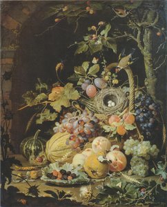 Tyska: Ein Vogelnest im Fruchtkorb Ett fågelbo i en fruktkorg av Abraham Mignon