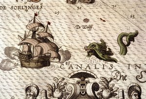 Ett marinmonster som attackerar en galjon (karavel). Detalj av en karta i "Theatrum Orbis Terrarum" av Abraham Ortelius, Antwerpen 1584 av Abraham Ortelius