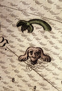 Ett marint monster har ett hundhuvud och en fiskkropp. Detalj av en karta i "Theatrum Orbis Terrarum" av Abraham Ortelius, Antwerpen 1584. av Abraham Ortelius