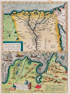 En nyare beskrivning av Egypten. - Carthage Bay Typ Geografikarta över Egypten med städerna Nilen och Kartago (Tunisien) från "Theatrum Orbis Terrarum" av Abraham Ortelius (Oertel, Ortell eller Ortel