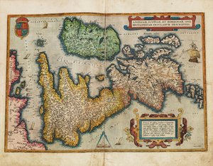 Angliae, Scotiae, et Hiberniae, sive Britannicar: Insularum descriptio (England, Skottland och Irland, även kända som de brittiska öarna) av Abraham Ortelius
