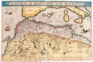 Barbaria och Biledulgerid Geografikarta över norra Afrika från "Theatrum Orbis Terrarum" av Abraham Ortelius (Oertel, Ortell eller Ortel av Abraham Ortelius