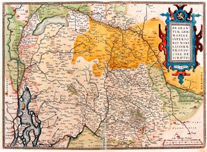 Geografikarta över territoriet söder om Nederländerna Germanic (Kempeland) tagen från "Theatrum Orbis Terrarum" av Abraham Ortelius (Oertel, Ortell eller Ortel av Abraham Ortelius