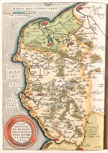 Caletensium et Bononiensium Ditionis Accurata Delineatio Geografikarta över Boulonnais-territoriet (Comte de Boulogne), Artois och Franska Flandern (Frankrike) inklusive platserna Calais, Arches, Greuelinge, Etaples och Montreuil... hämtad från "Theatrum O av Abraham Ortelius