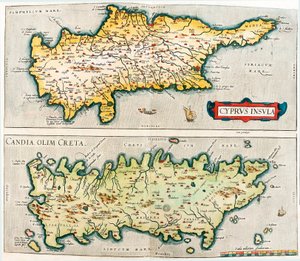 Cypern Island - Candia, tidigare Kreta Geografikarta över medelhavsöarna Cypern och Kreta i Grekland från "Theatrum Orbis Terrarum" av Abraham Ortelius (Oertel, Ortell eller Ortel av Abraham Ortelius