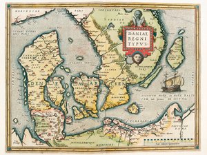 Konungariket Danmark Typ Geografikarta över Danmarks och södra Sveriges territorium från "Theatrum Orbis Terrarum" av Abraham Ortelius (Oertel, Ortell eller Ortel av Abraham Ortelius