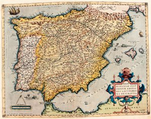 Beskrivning av Spanien. Geografikarta från "Theatrum Orbis Terrarum" av Abraham Ortelius (1527-1598) av Abraham Ortelius
