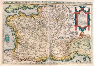 ett mäktigt kungarike i Gallien. en ny beskrivning. Geografikarta över Galliens territorium (Frankrike) från "Theatrum Orbis Terrarum" av Abraham Ortelius (Oertel, Ortell eller Ortel av Abraham Ortelius