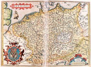 Tyskland Geografikarta över Tysklands territorium (heliga germanska riket) från "Theatrum Orbis Terrarum" av Abraham Ortelius (Oertel, Ortell eller Ortel av Abraham Ortelius