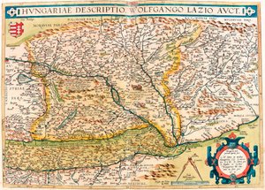 Ungersk beskrivning, Wolfgango Lazio Aut. Geografikarta över Ungerns territorium från "Theatrum Orbis Terrarum" av Abraham Ortelius (Oertel, Ortell eller Ortel av Abraham Ortelius
