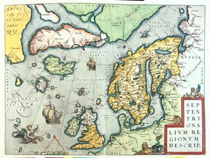 Irland, Storbritannien, Island, Norge, Sverige, Finland, Grönland av Abraham Ortelius