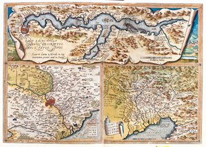 Comosjön (Italien; region: Lombardiet), Rom (Italien; region: Latium), Triestebukten (Italien: region Friuli-Venezia Giulia; Slovenien: traditionell region Sloveniens kust; Kroatien: Istriens län) av Abraham Ortelius