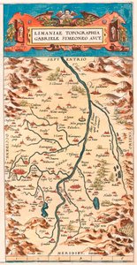 Limaniae topograferade Gabriele Symeoneo Avct Geografikarta över Loire-territoriet med slott och städer som gränsar till floden (Beaumont, Aigueperse, Clermont och Montferan (Montferrand), Beauregard, Cignac, Montaigu, Puy Guillaume...) hämtad från "Theatr av Abraham Ortelius