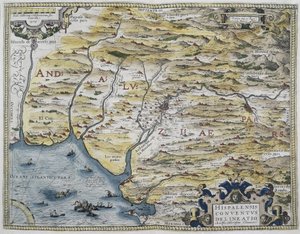 ORTELIUS, Abraham (1527-1598). Theatrum Orbis Terrarum. 1570. Den anses vara den första moderna atlasen. CHAVES, Jeronimo de (1523-1574). Matematiker, astronom och navigatör. Karta över västra Andalusien. Baserad på Hieronimus Chiaves karta (Jeronimo d av Abraham Ortelius