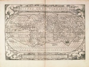 Planisphere från Theatrum Orbis Terrarum av Abraham Ortelius, tryckt i Antwerpen av Abraham Ortelius