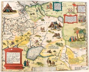 Ryssland, Moskva och Tartar. av Antonio Jenkensono Anglo, publicerad i London 1562 Geografikarta över Rysslands territorium från "Theatrum Orbis Terrarum" av Abraham Ortelius (Oertel, Ortell eller Ortel av Abraham Ortelius