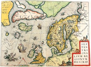 Beskriv. Geografikarta över Skandinavien och norra Europa från "Theatrum Orbis Terrarum" av Abraham Ortelius (Oertel, Ortell eller Ortel av Abraham Ortelius